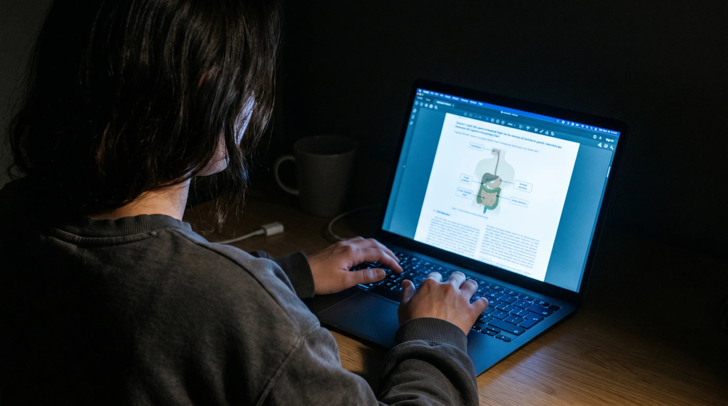 Late-night research on a laptop with study papers
