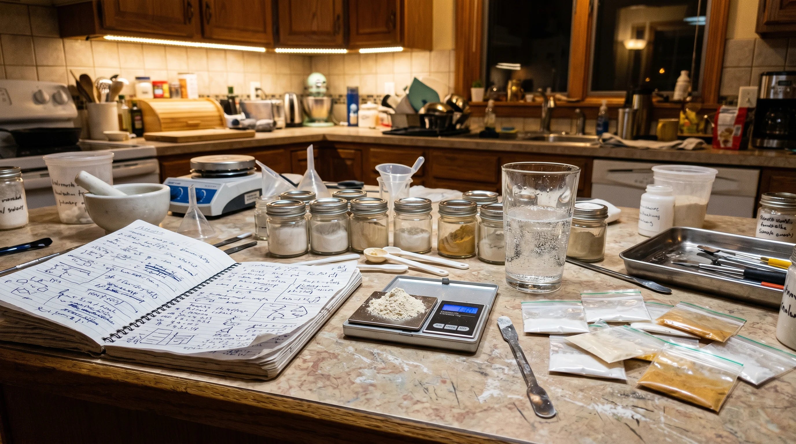 Formulation lab bench with scales and ingredient jars