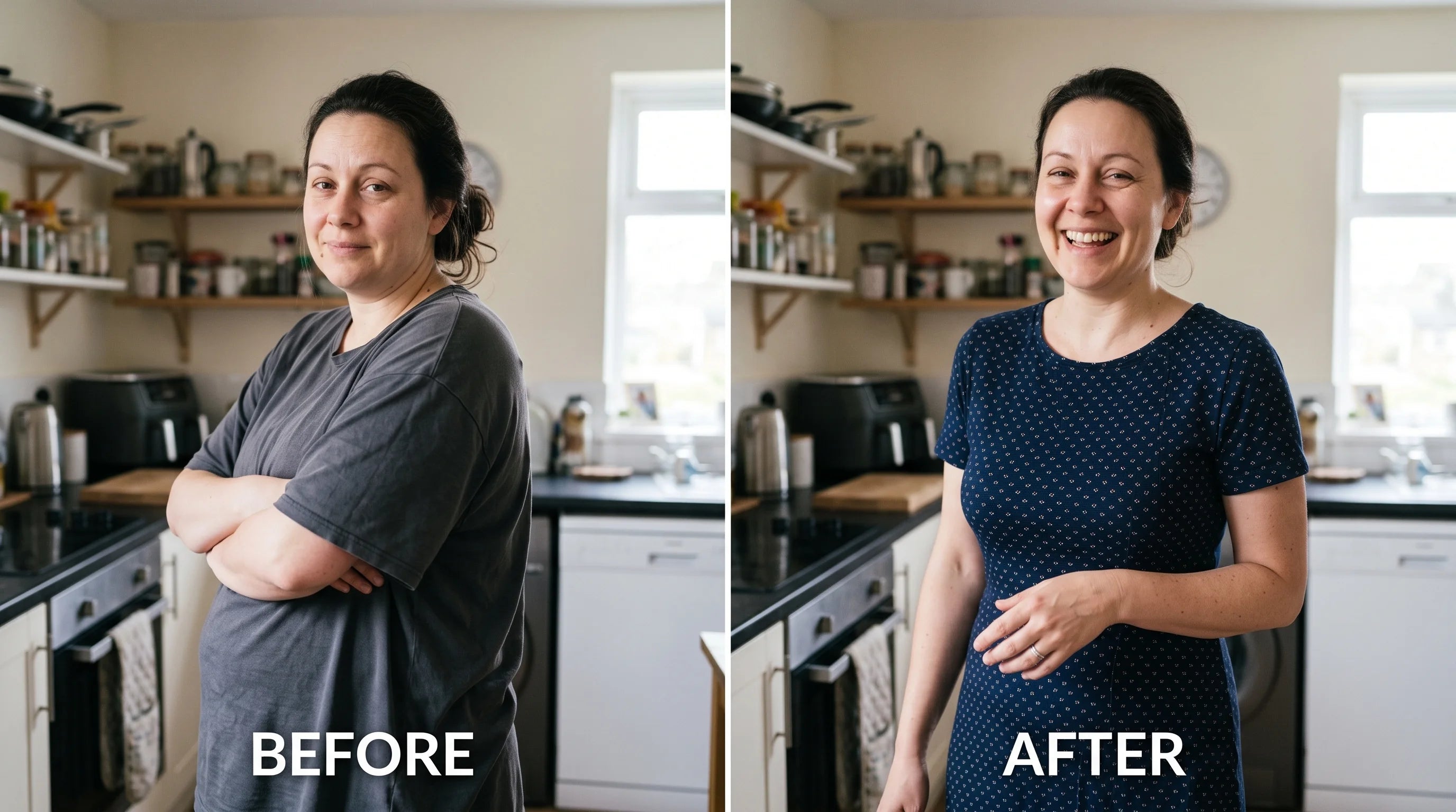 Rachel before and after, photographed in her kitchen