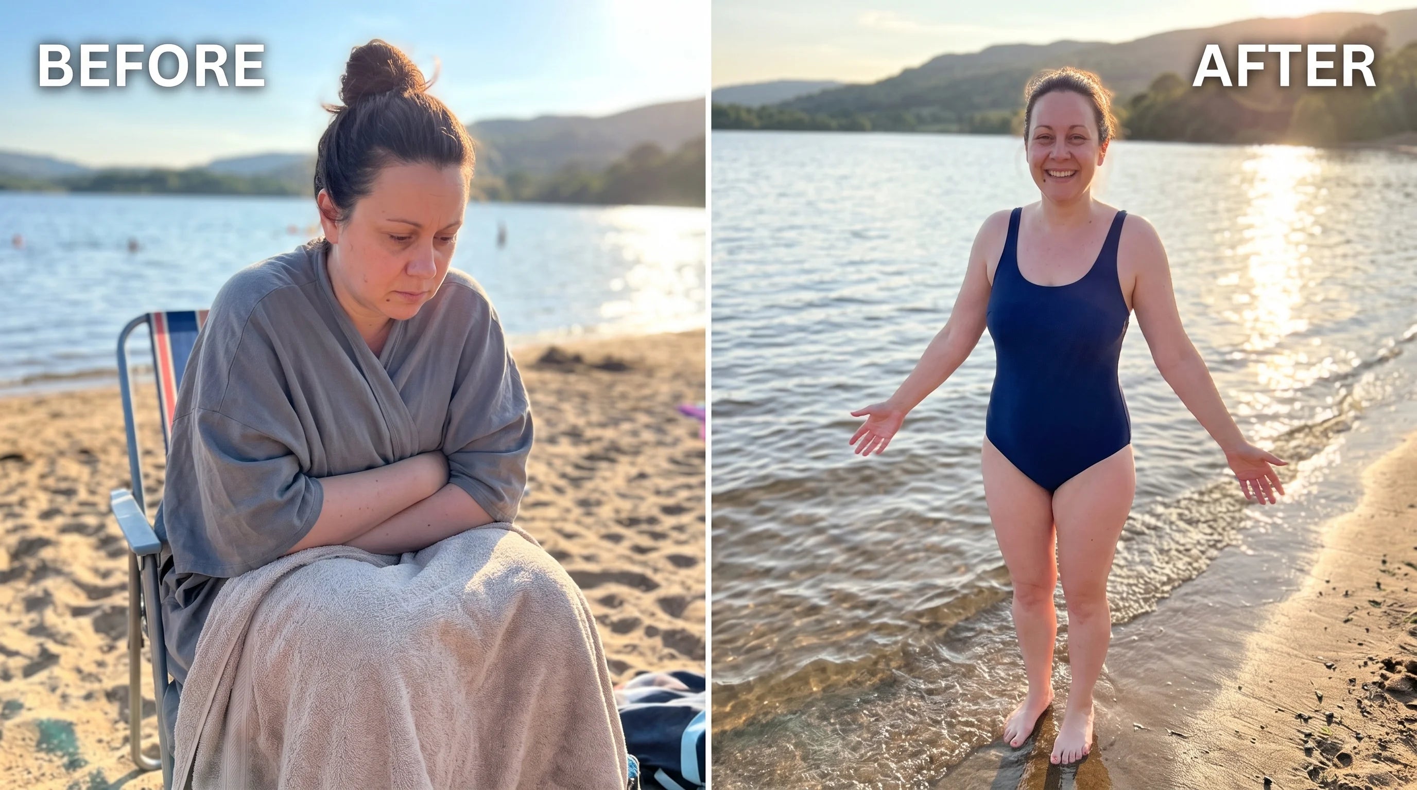 Rachel at the lake with her children, before and after