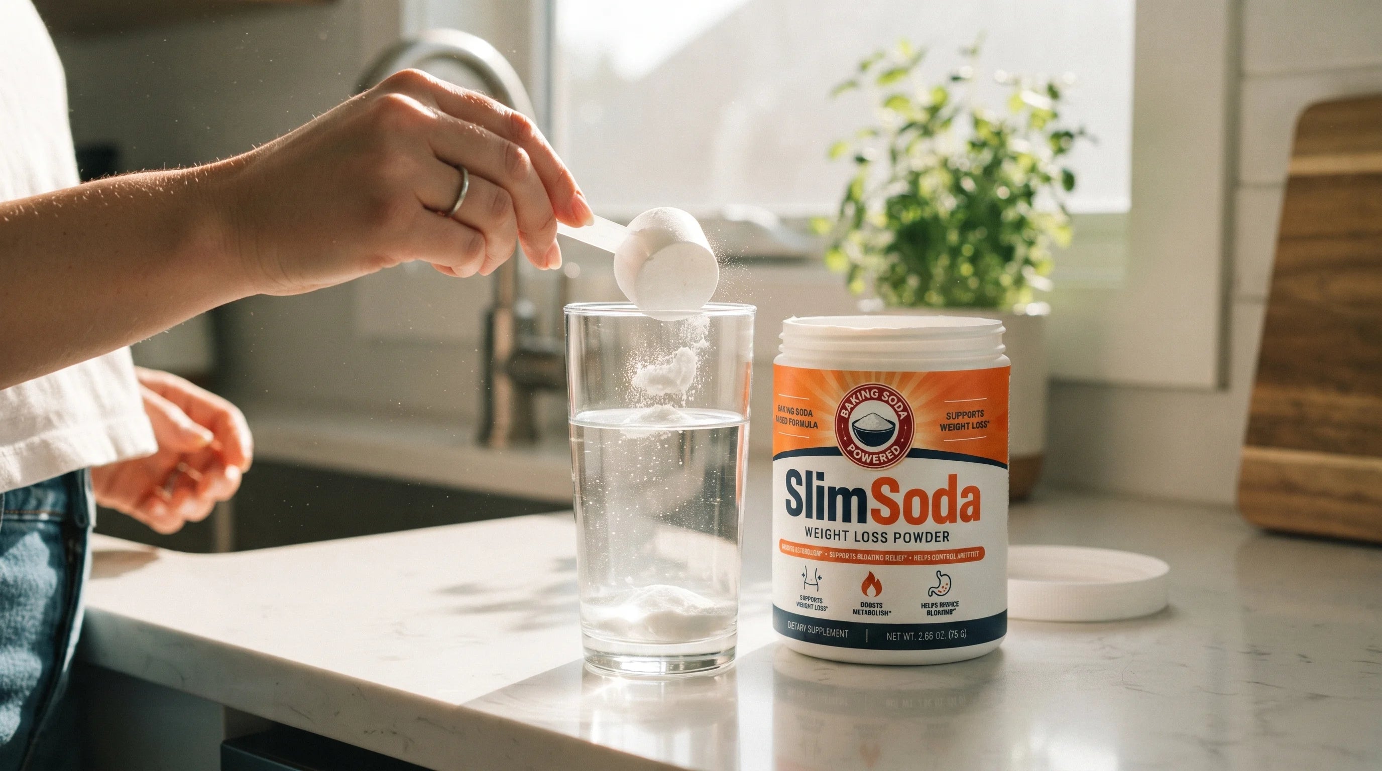 A scoop of SlimSoda powder being stirred into a glass of water