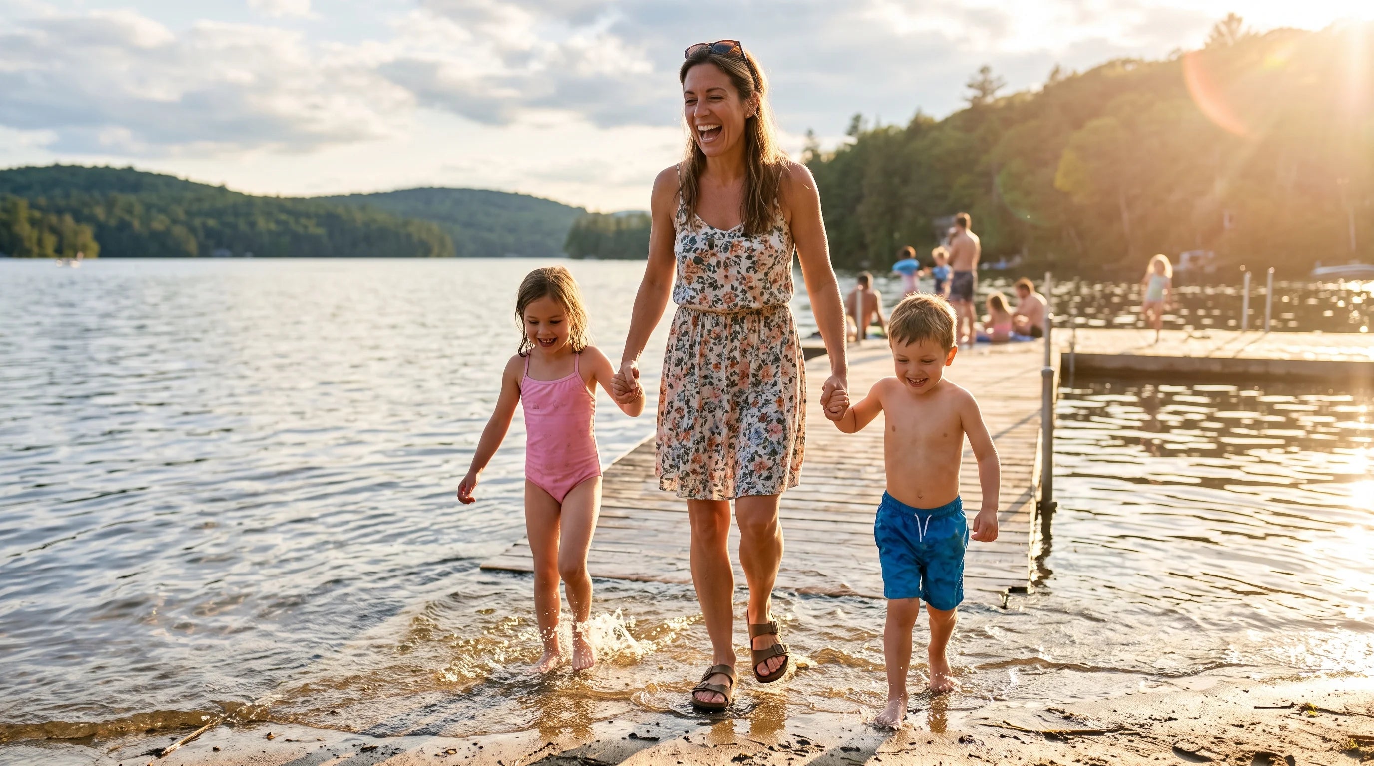 A woman standing in a lake with her children, smiling